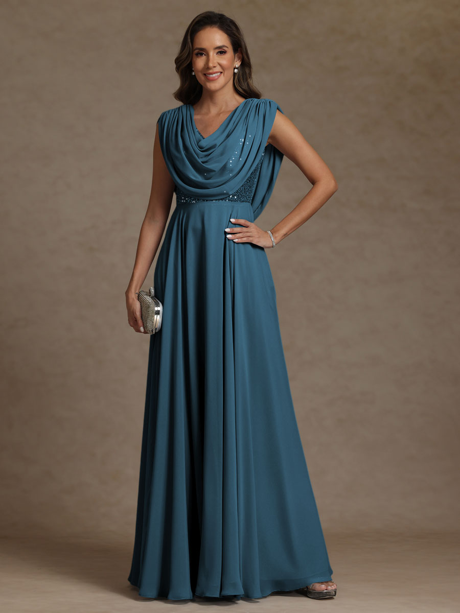 A-Line/Princess Asymmetrical Pleated Sequins Floor-Length Mother of the Bride Dresses with Pockets