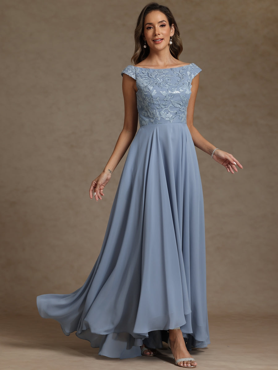 A-Line/Princess Boat Neck Asymmetrical Floor-Length Mother of the Bride Dresses with Sequins
