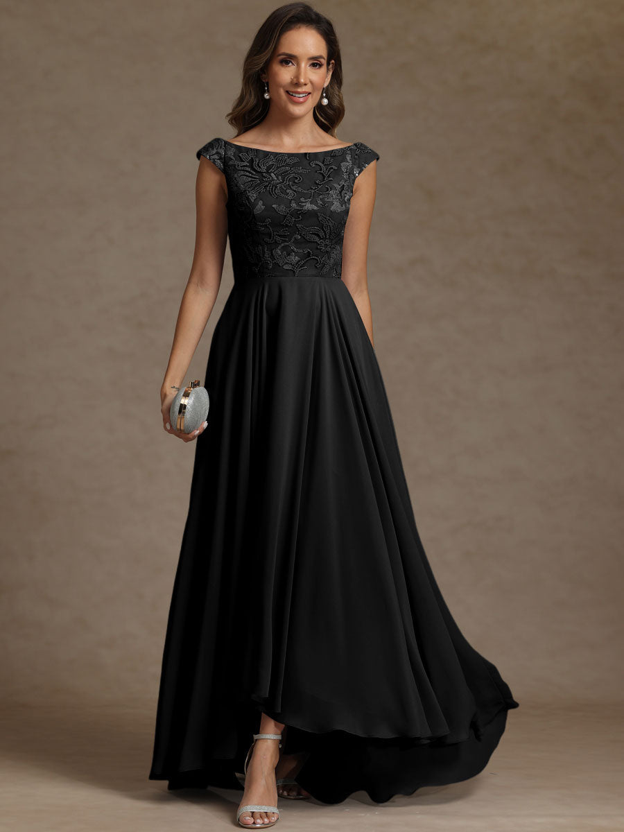 A-Line/Princess Boat Neck Asymmetrical Floor-Length Mother of the Bride Dresses with Sequins