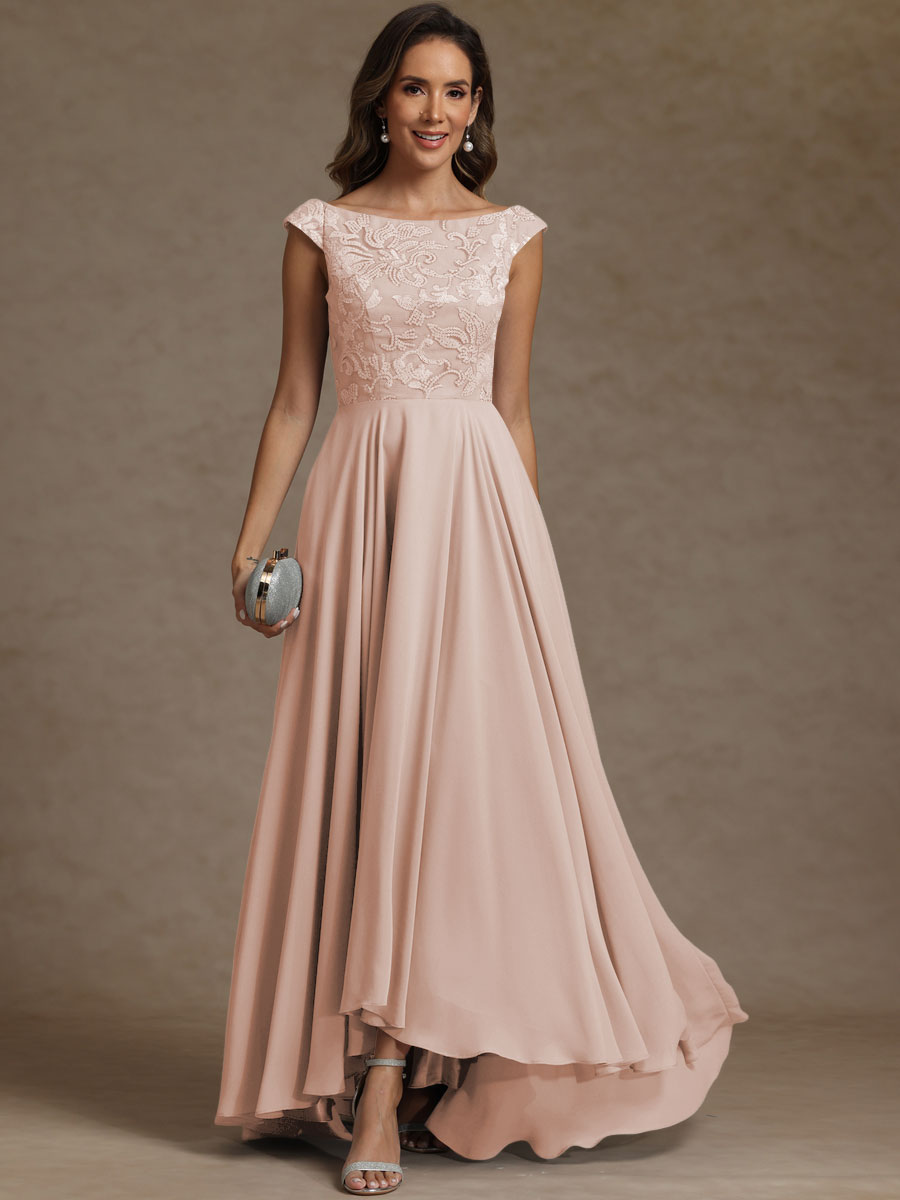 A-Line/Princess Boat Neck Asymmetrical Floor-Length Mother of the Bride Dresses with Sequins