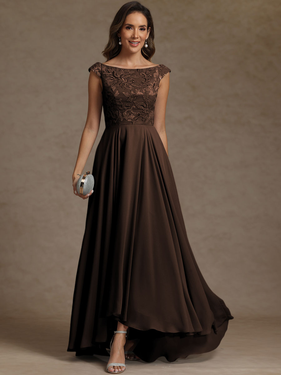A-Line/Princess Boat Neck Asymmetrical Floor-Length Mother of the Bride Dresses with Sequins