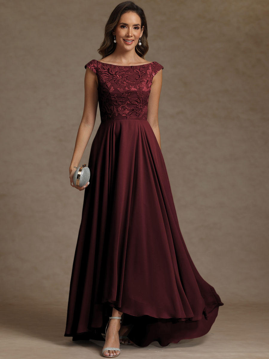 A-Line/Princess Boat Neck Asymmetrical Floor-Length Mother of the Bride Dresses with Sequins