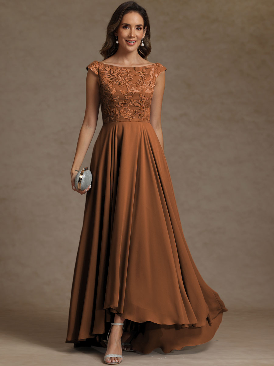 A-Line/Princess Boat Neck Asymmetrical Floor-Length Mother of the Bride Dresses with Sequins