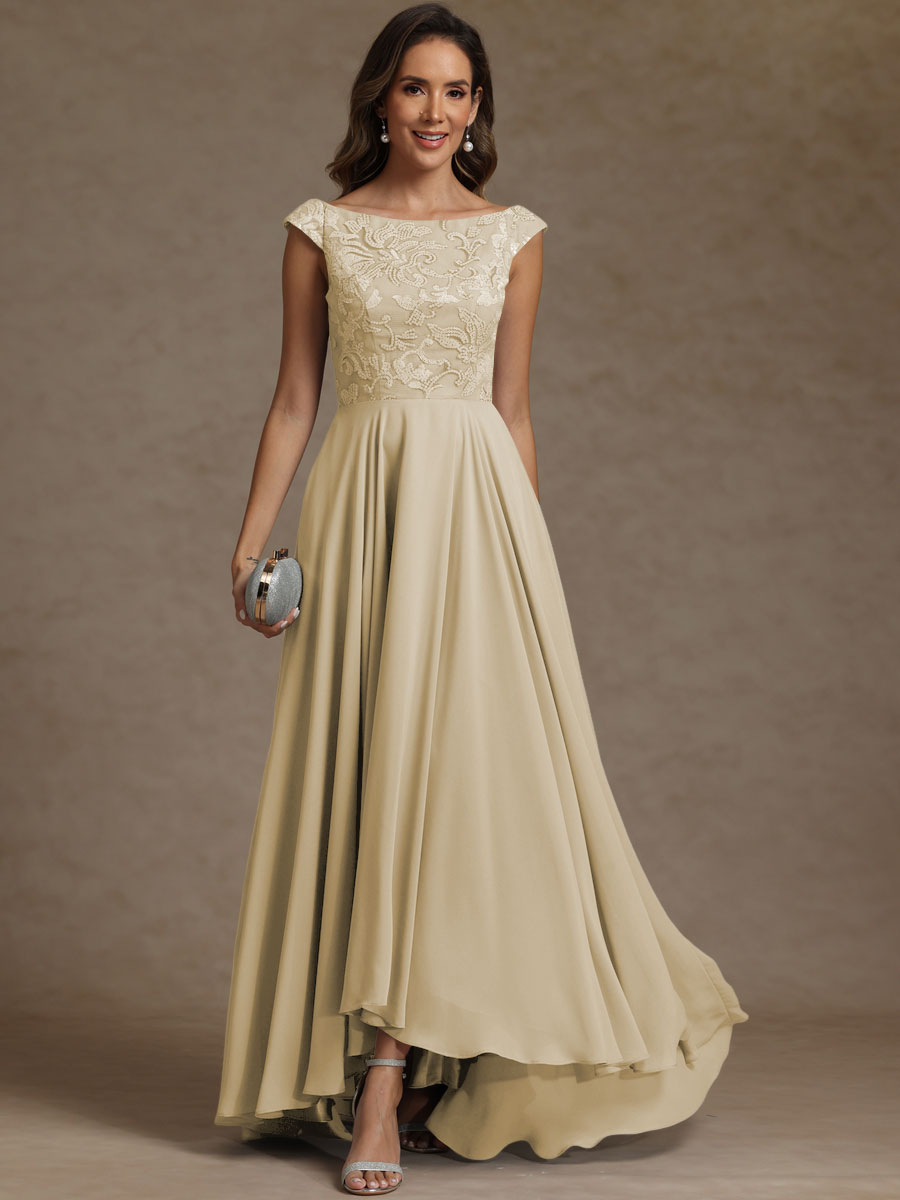 A-Line/Princess Boat Neck Asymmetrical Floor-Length Mother of the Bride Dresses with Sequins