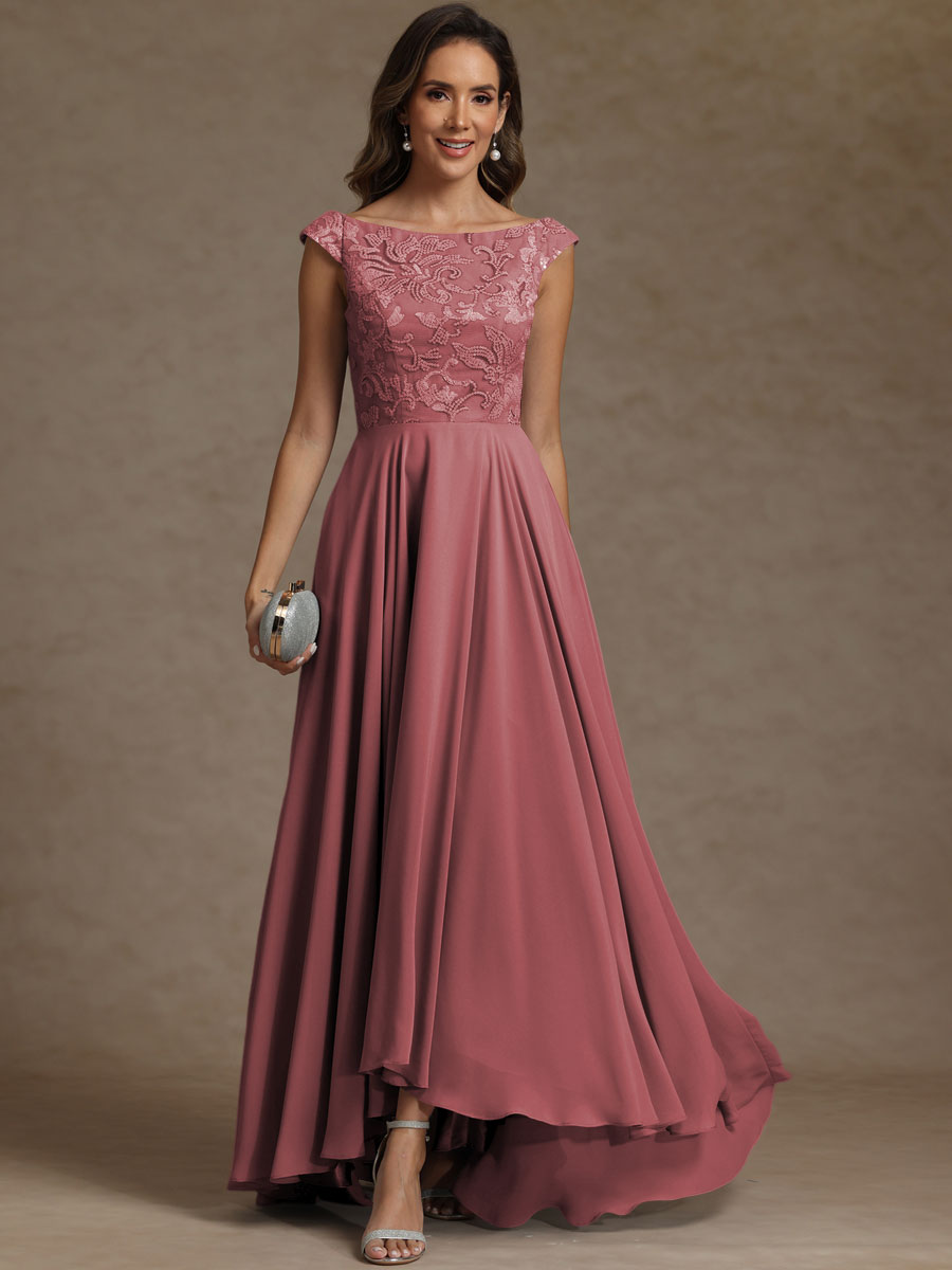 A-Line/Princess Boat Neck Asymmetrical Floor-Length Mother of the Bride Dresses with Sequins