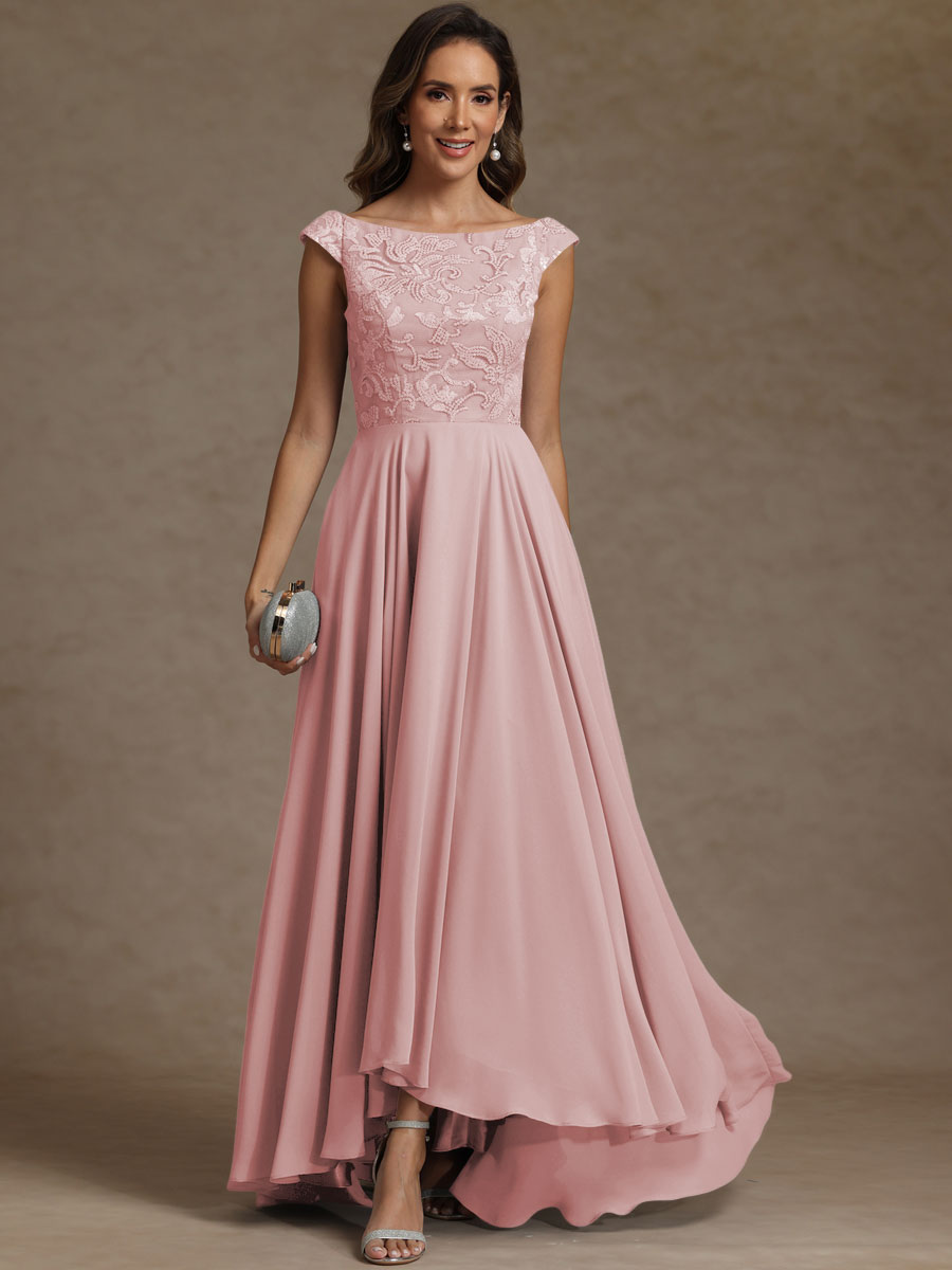 A-Line/Princess Boat Neck Asymmetrical Floor-Length Mother of the Bride Dresses with Sequins