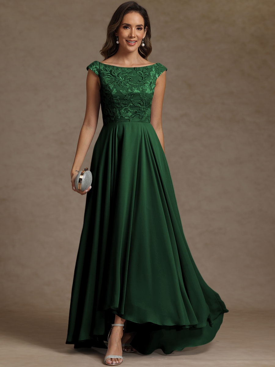 A-Line/Princess Boat Neck Asymmetrical Floor-Length Mother of the Bride Dresses with Sequins