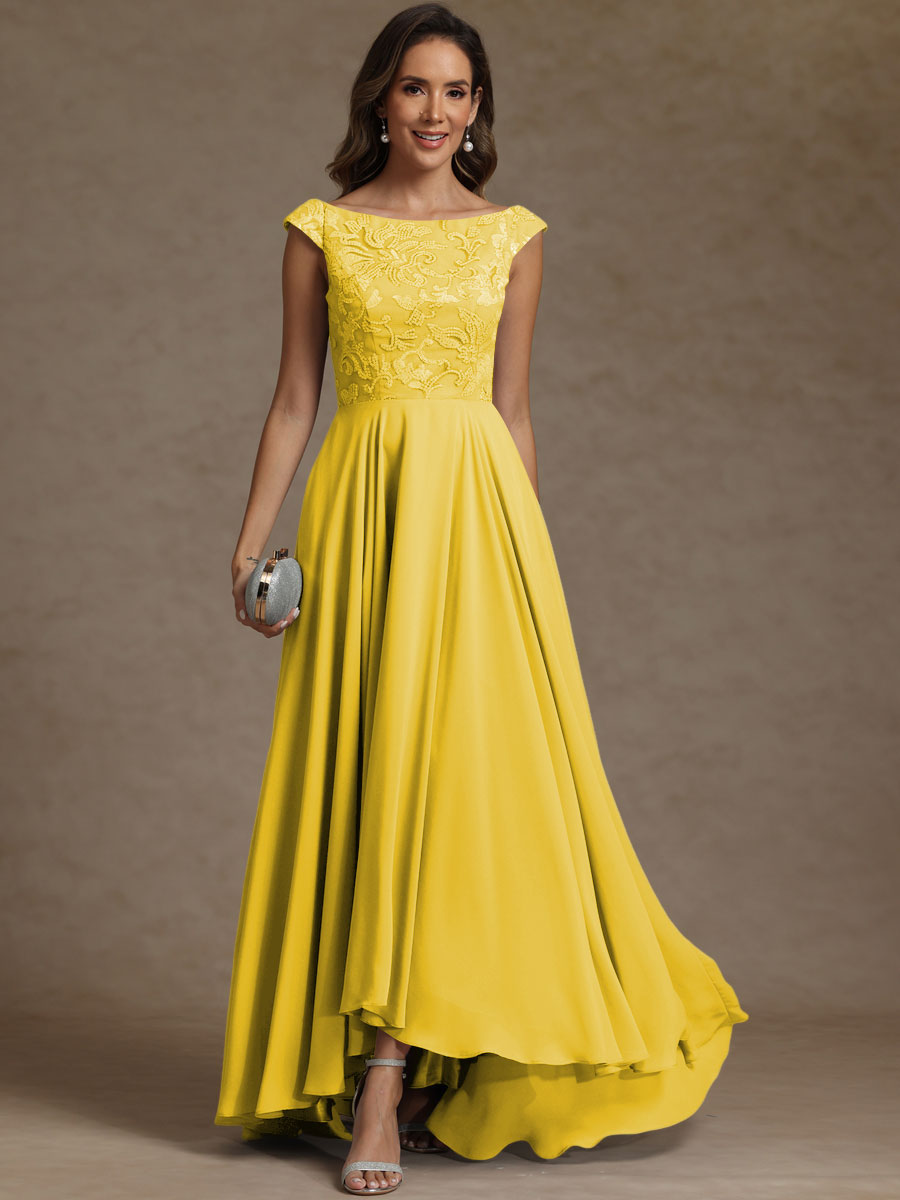 A-Line/Princess Boat Neck Asymmetrical Floor-Length Mother of the Bride Dresses with Sequins