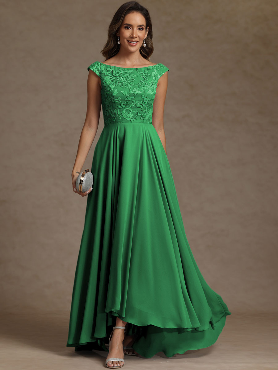 A-Line/Princess Boat Neck Asymmetrical Floor-Length Mother of the Bride Dresses with Sequins