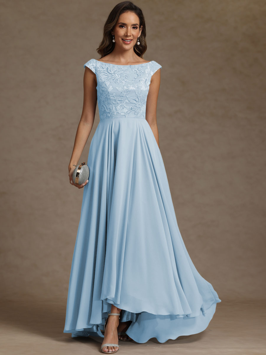 A-Line/Princess Boat Neck Asymmetrical Floor-Length Mother of the Bride Dresses with Sequins