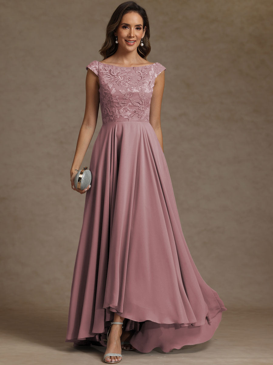 A-Line/Princess Boat Neck Asymmetrical Floor-Length Mother of the Bride Dresses with Sequins