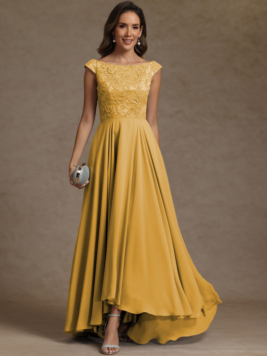 A-Line/Princess Boat Neck Asymmetrical Floor-Length Mother of the Bride Dresses with Sequins