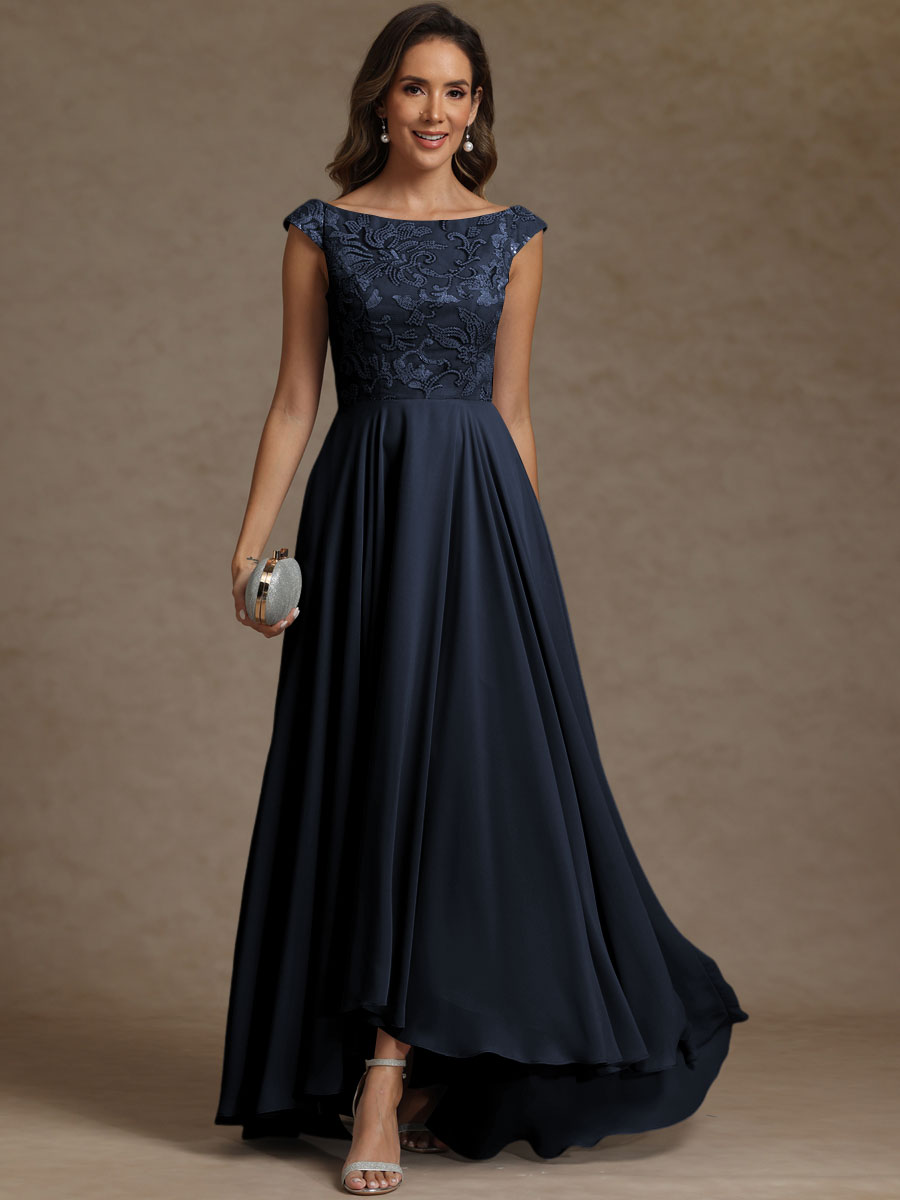 A-Line/Princess Boat Neck Asymmetrical Floor-Length Mother of the Bride Dresses with Sequins