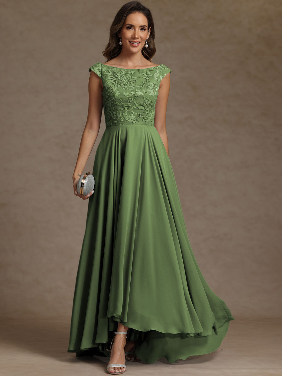 A-Line/Princess Boat Neck Asymmetrical Floor-Length Mother of the Bride Dresses with Sequins