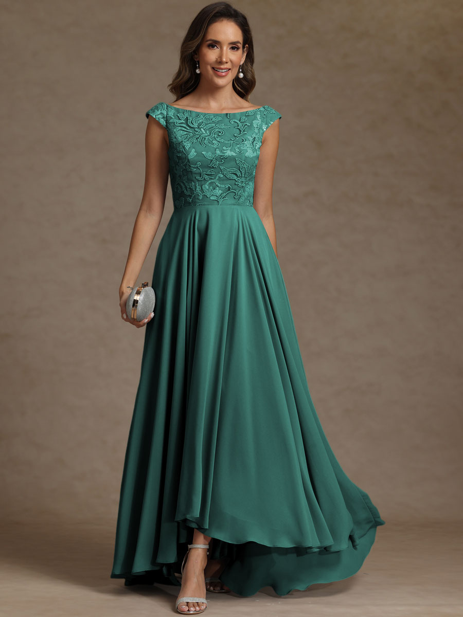 A-Line/Princess Boat Neck Asymmetrical Floor-Length Mother of the Bride Dresses with Sequins