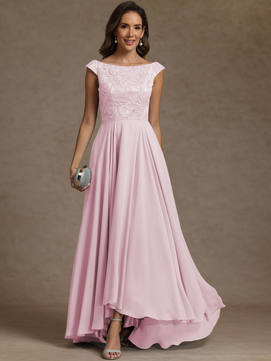 A-Line/Princess Boat Neck Asymmetrical Floor-Length Mother of the Bride Dresses with Sequins