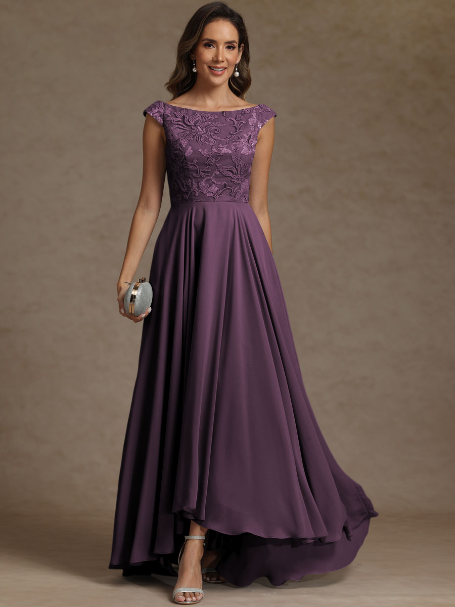 A-Line/Princess Boat Neck Asymmetrical Floor-Length Mother of the Bride Dresses with Sequins