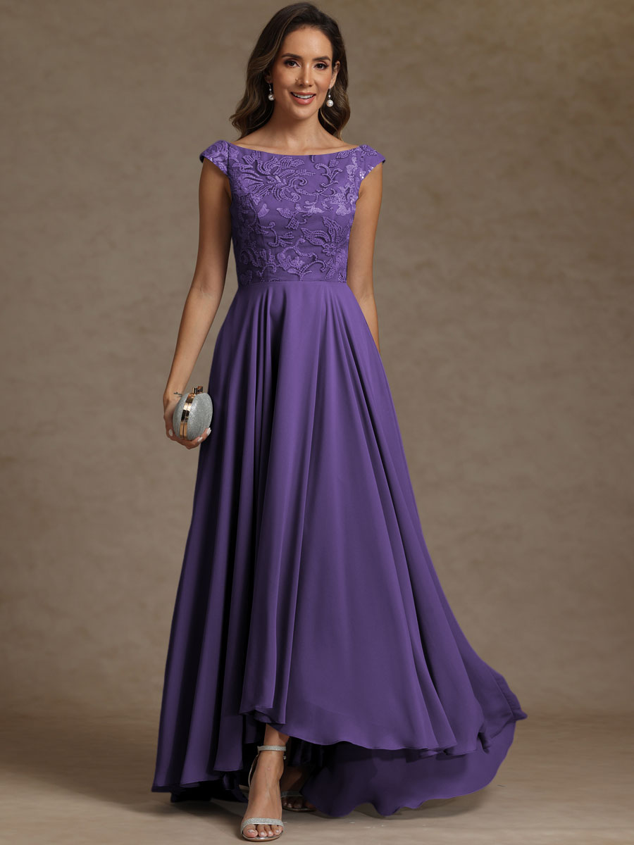 A-Line/Princess Boat Neck Asymmetrical Floor-Length Mother of the Bride Dresses with Sequins
