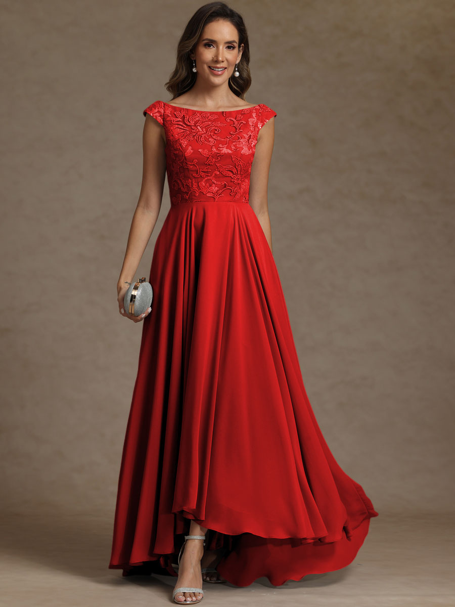 A-Line/Princess Boat Neck Asymmetrical Floor-Length Mother of the Bride Dresses with Sequins