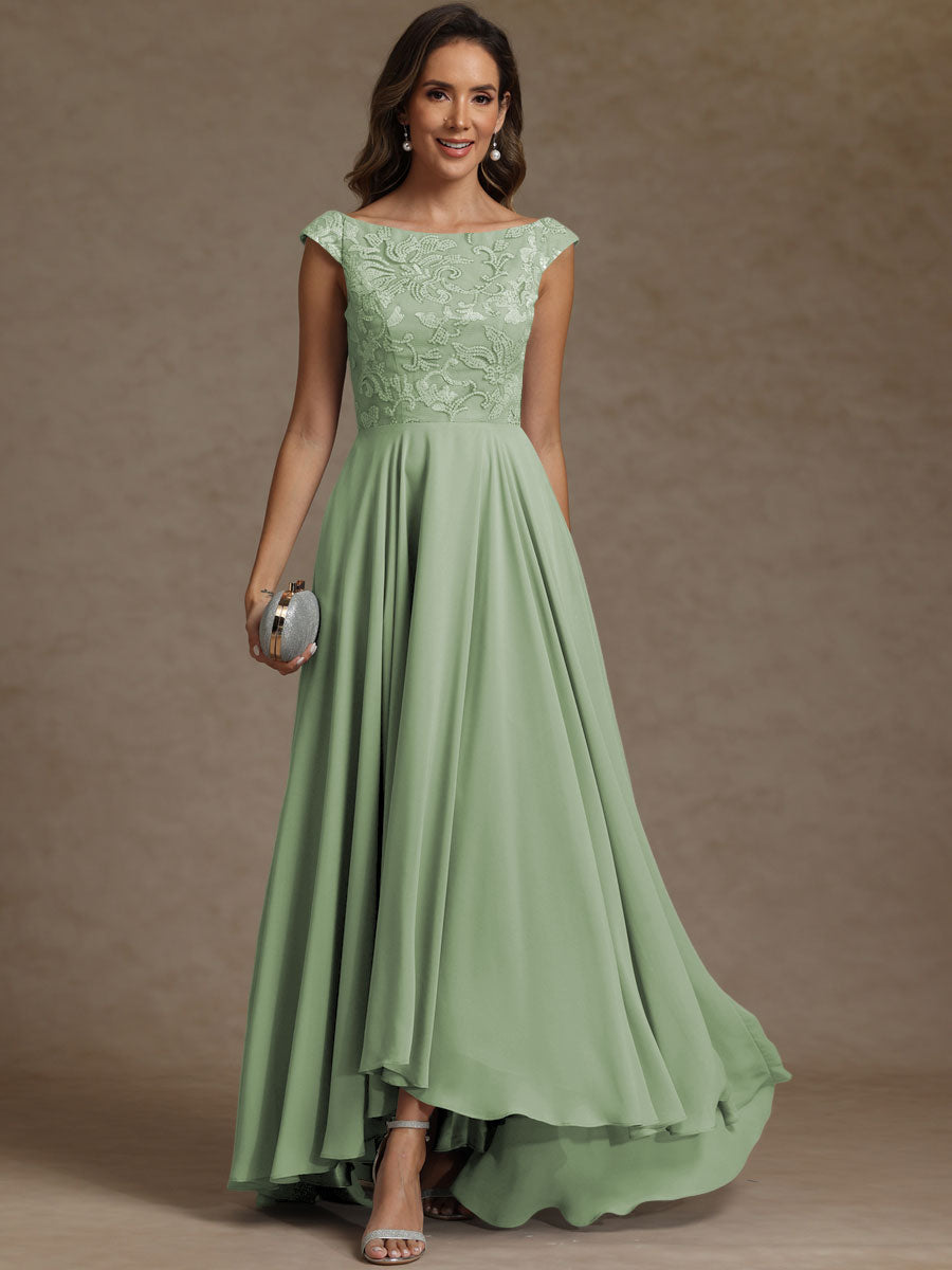 A-Line/Princess Boat Neck Asymmetrical Floor-Length Mother of the Bride Dresses with Sequins