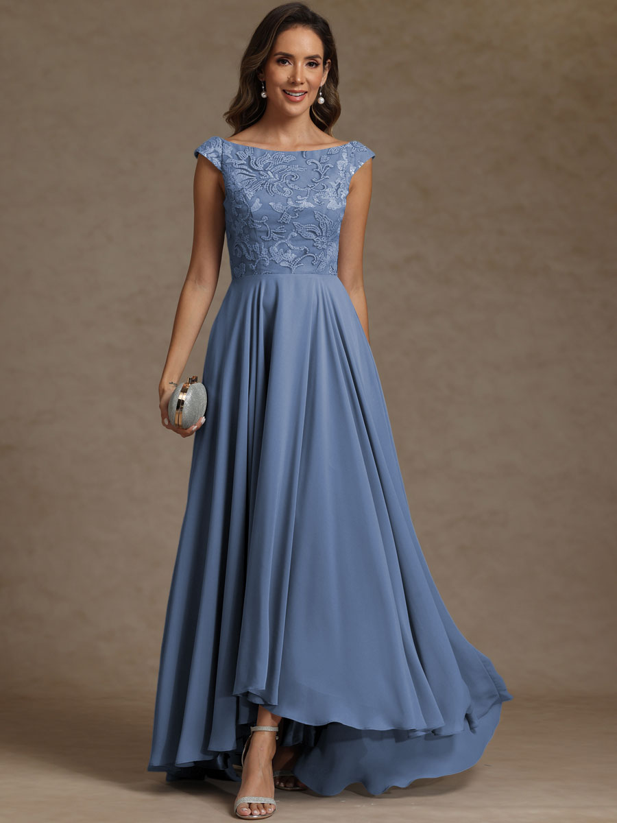 A-Line/Princess Boat Neck Asymmetrical Floor-Length Mother of the Bride Dresses with Sequins