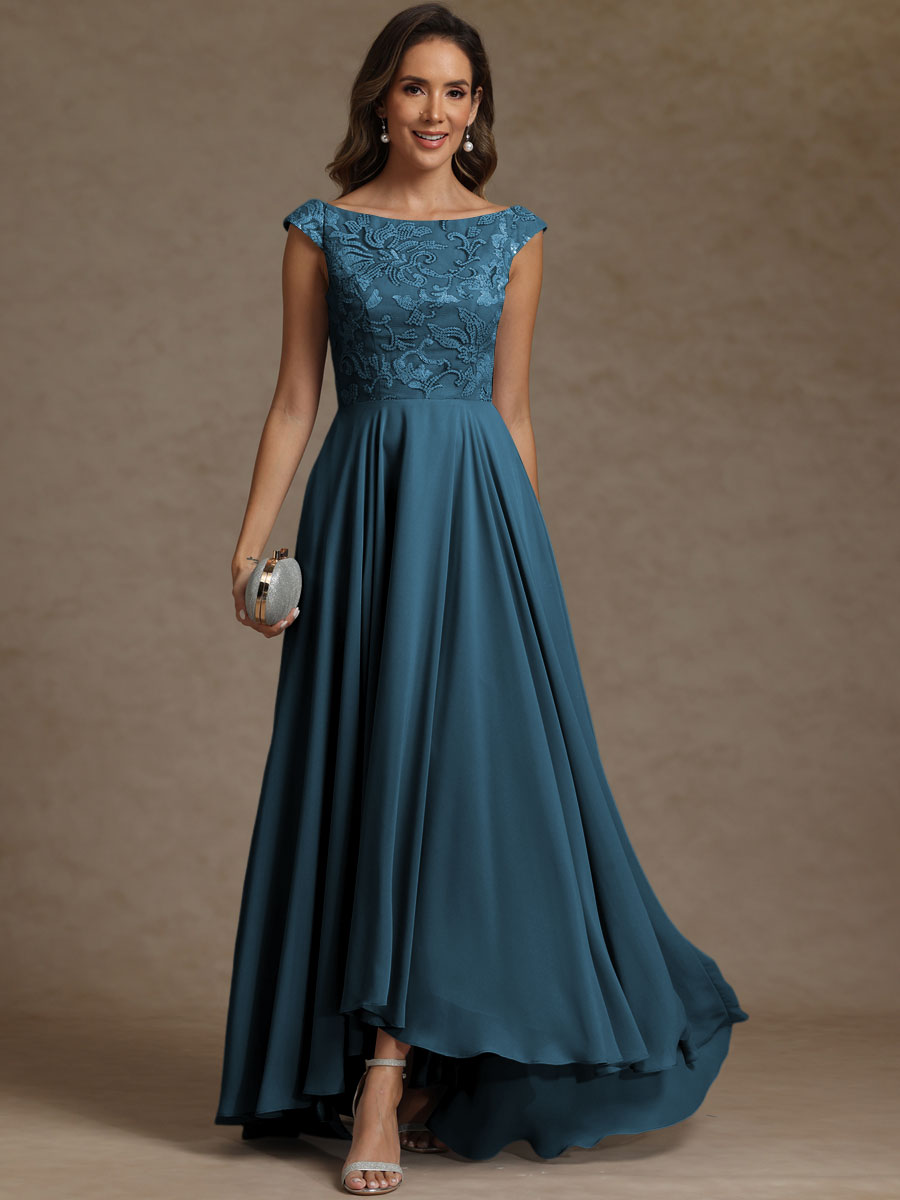A-Line/Princess Boat Neck Asymmetrical Floor-Length Mother of the Bride Dresses with Sequins