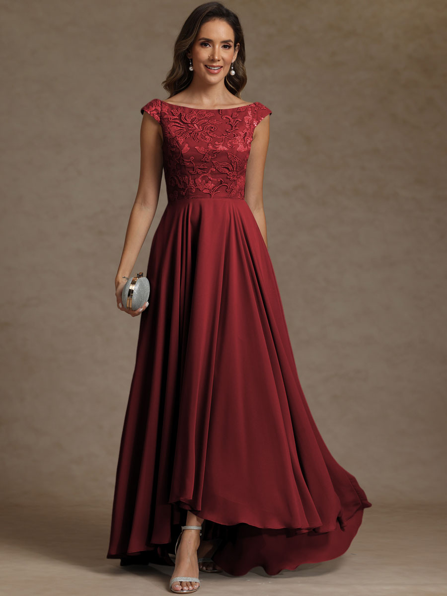 A-Line/Princess Boat Neck Asymmetrical Floor-Length Mother of the Bride Dresses with Sequins