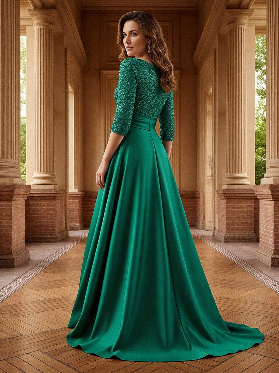 A Line Scoop 3/4 Sleeve Long Mixed Mother of the Bride Dresses with Sequins