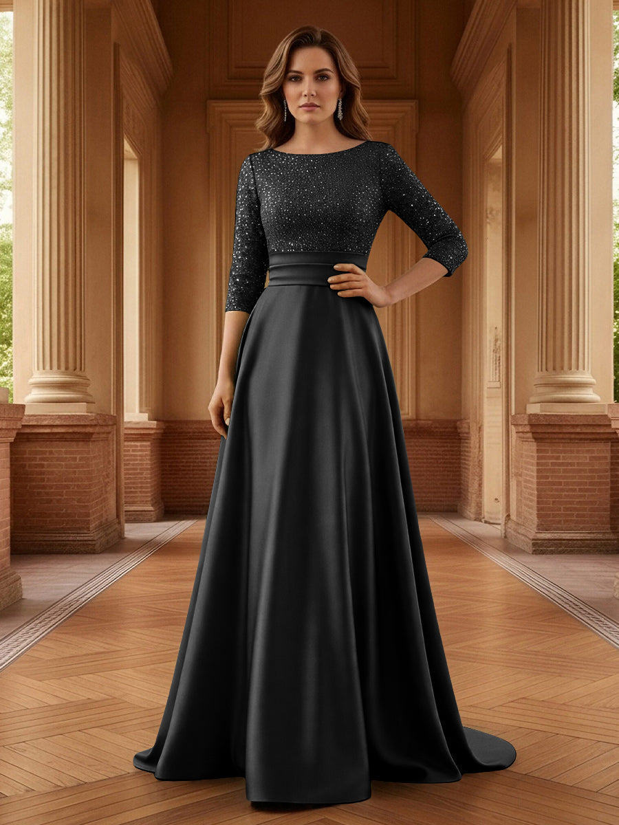 A Line Scoop 3/4 Sleeve Long Mixed Mother of the Bride Dresses with Sequins