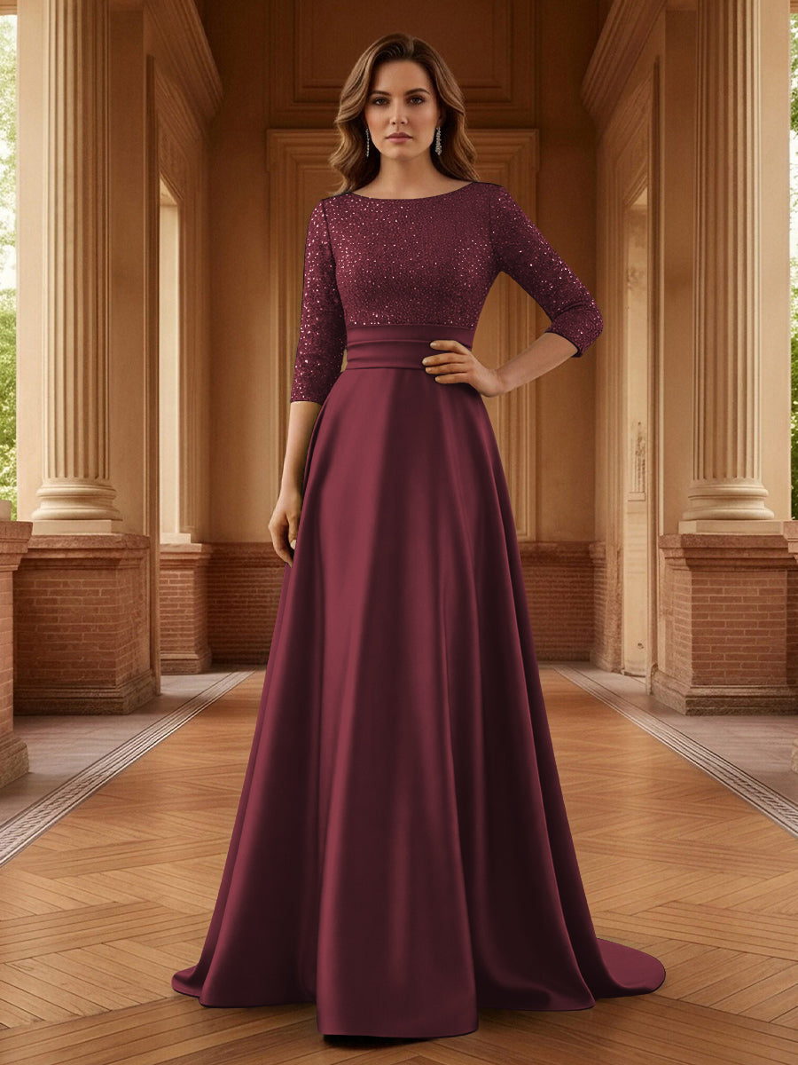 A Line Scoop 3/4 Sleeve Long Mixed Mother of the Bride Dresses with Sequins