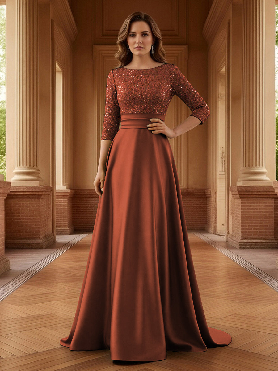 A Line Scoop 3/4 Sleeve Long Mixed Mother of the Bride Dresses with Sequins