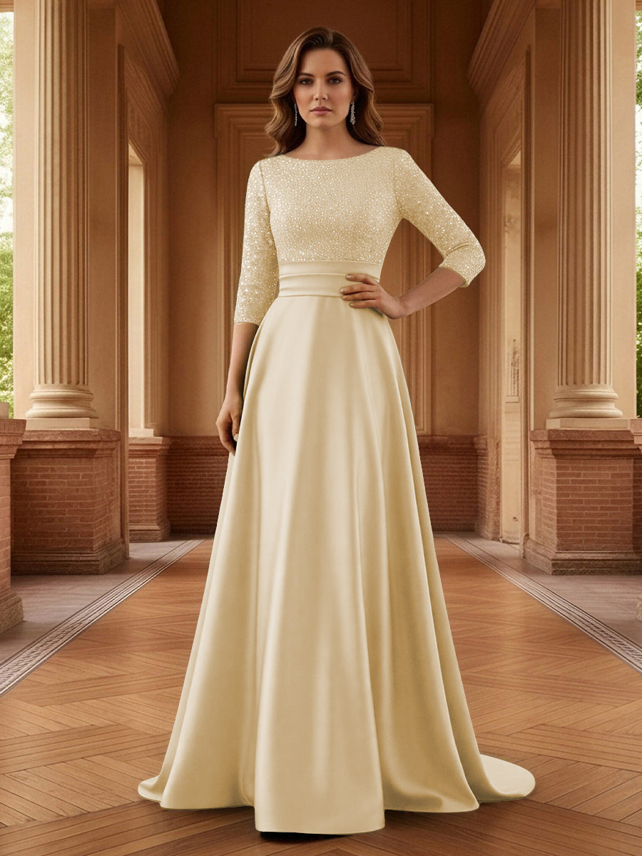 A Line Scoop 3/4 Sleeve Long Mixed Mother of the Bride Dresses with Sequins
