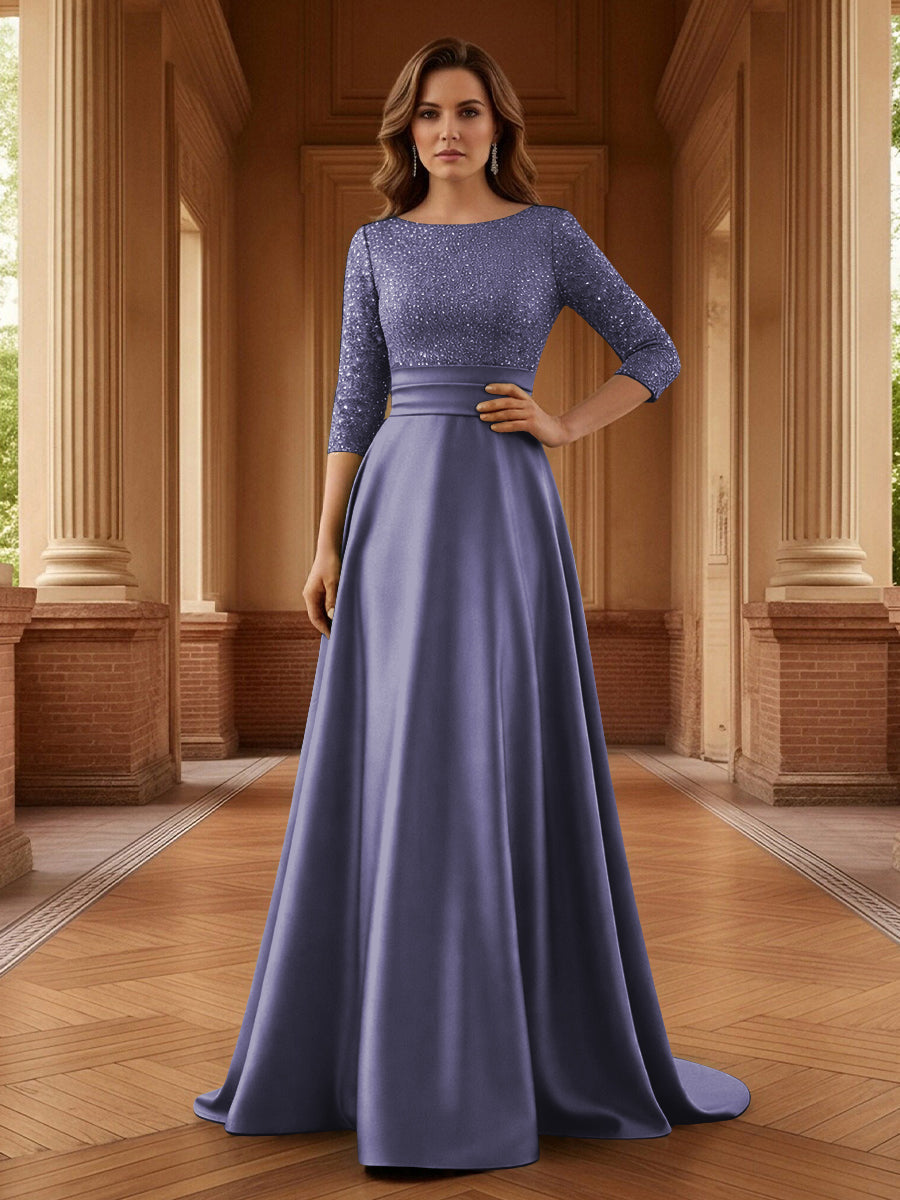 A Line Scoop 3/4 Sleeve Long Mixed Mother of the Bride Dresses with Sequins