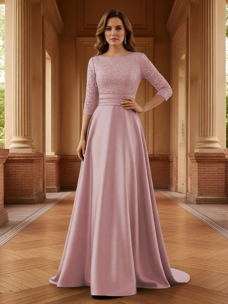 A Line Scoop 3/4 Sleeve Long Mixed Mother of the Bride Dresses with Sequins