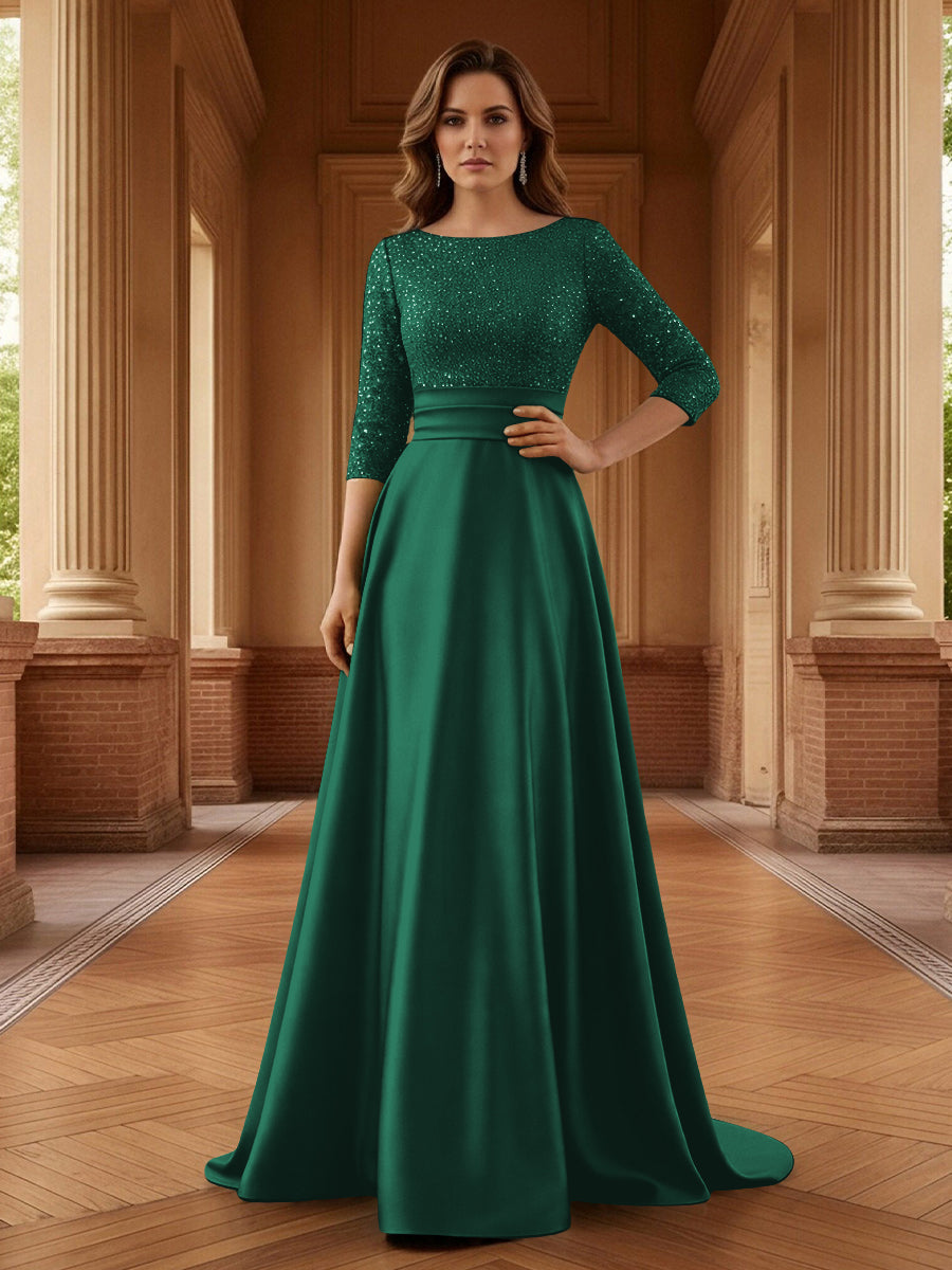 A Line Scoop 3/4 Sleeve Long Mixed Mother of the Bride Dresses with Sequins