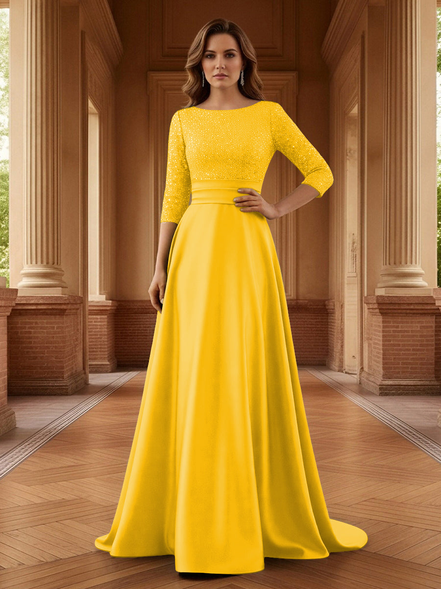 A Line Scoop 3/4 Sleeve Long Mixed Mother of the Bride Dresses with Sequins