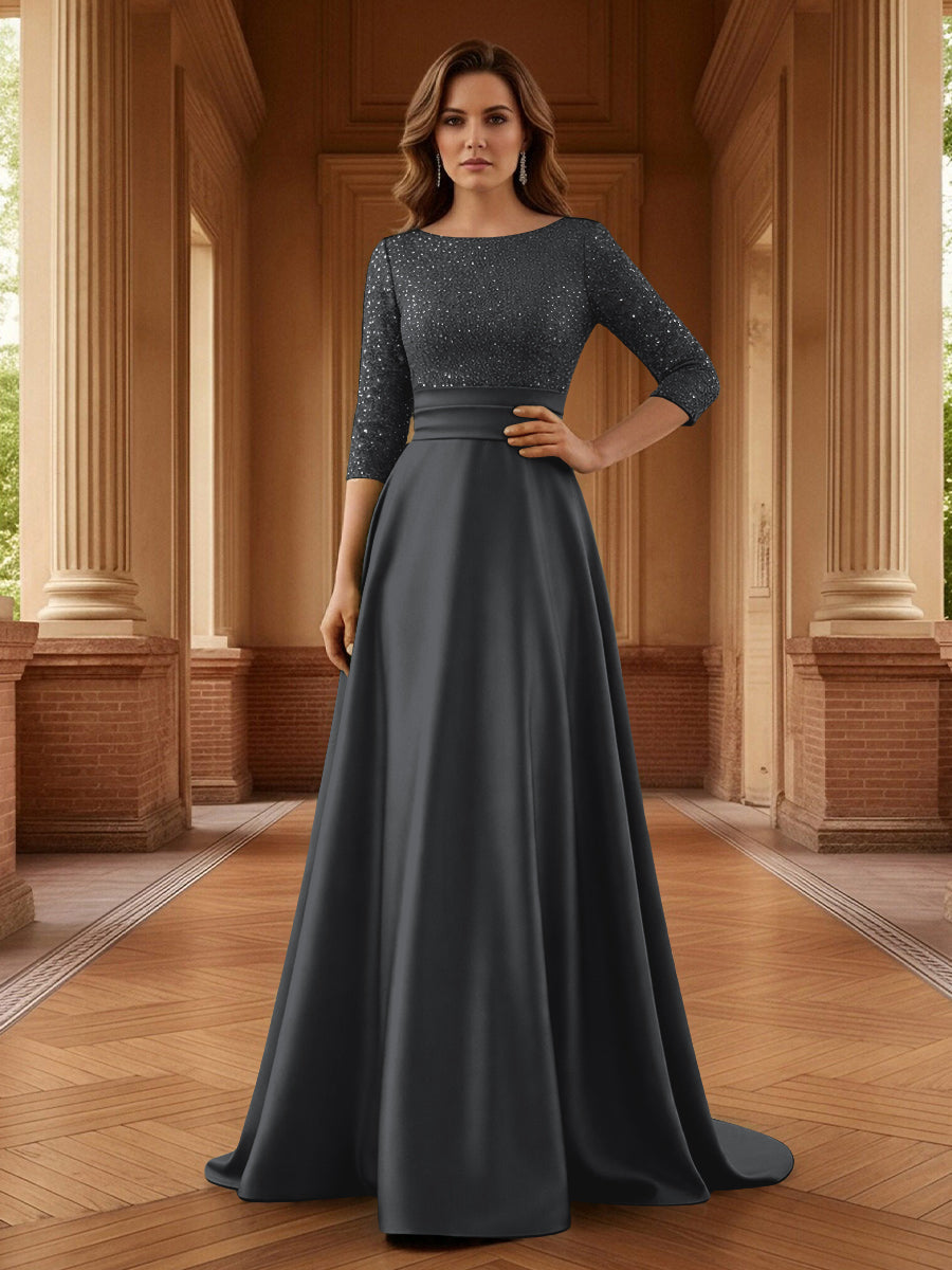 A Line Scoop 3/4 Sleeve Long Mixed Mother of the Bride Dresses with Sequins