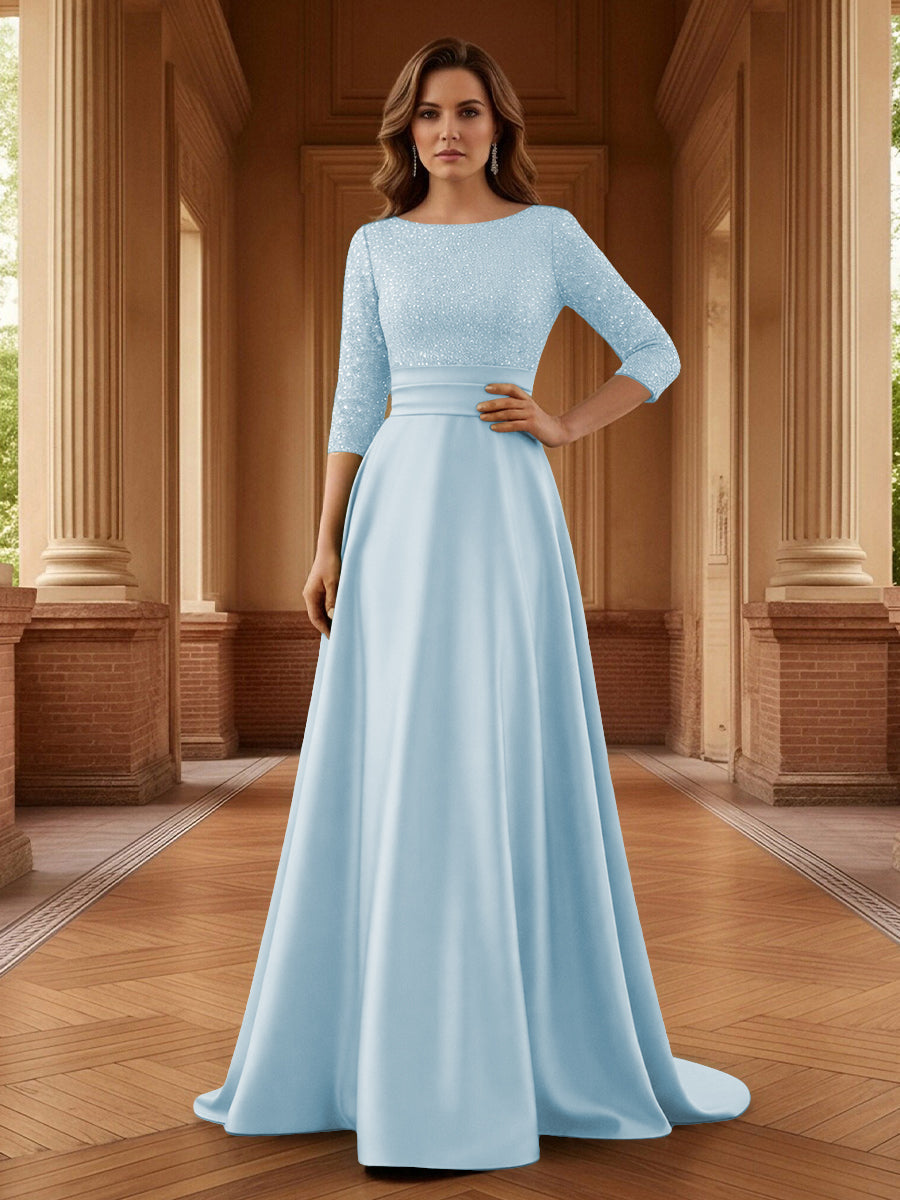 A Line Scoop 3/4 Sleeve Long Mixed Mother of the Bride Dresses with Sequins