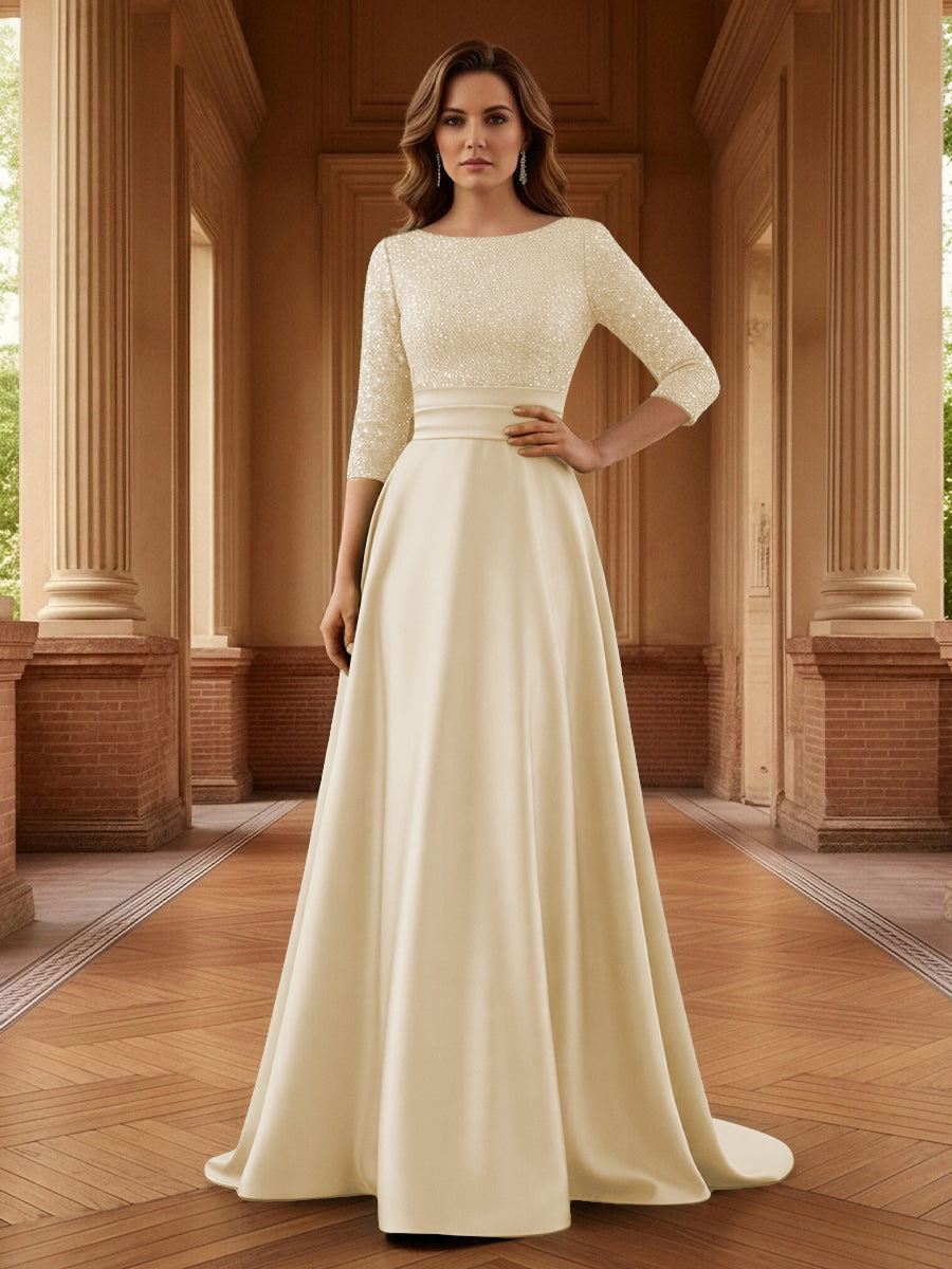 A Line Scoop 3/4 Sleeve Long Mixed Mother of the Bride Dresses with Sequins