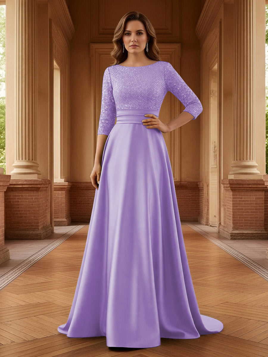 A Line Scoop 3/4 Sleeve Long Mixed Mother of the Bride Dresses with Sequins