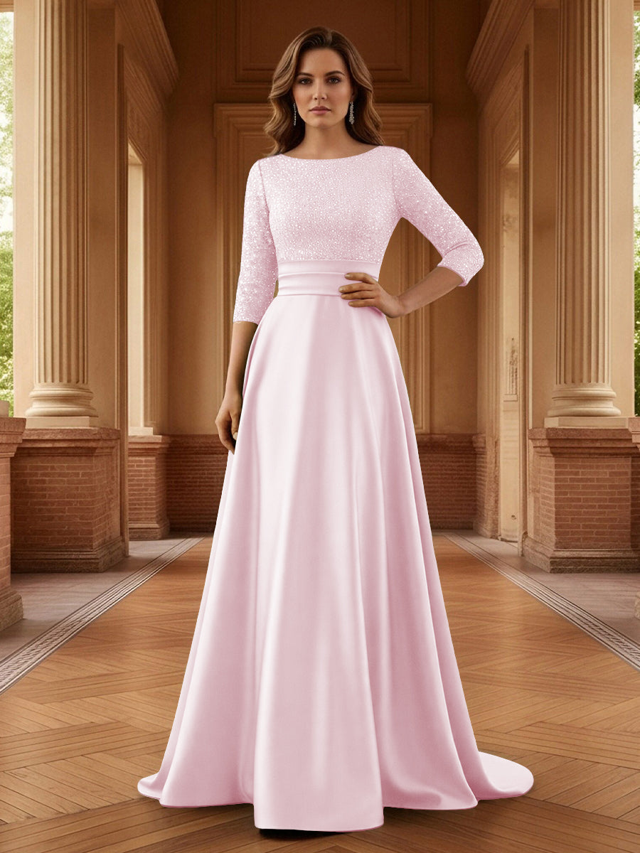A Line Scoop 3/4 Sleeve Long Mixed Mother of the Bride Dresses with Sequins
