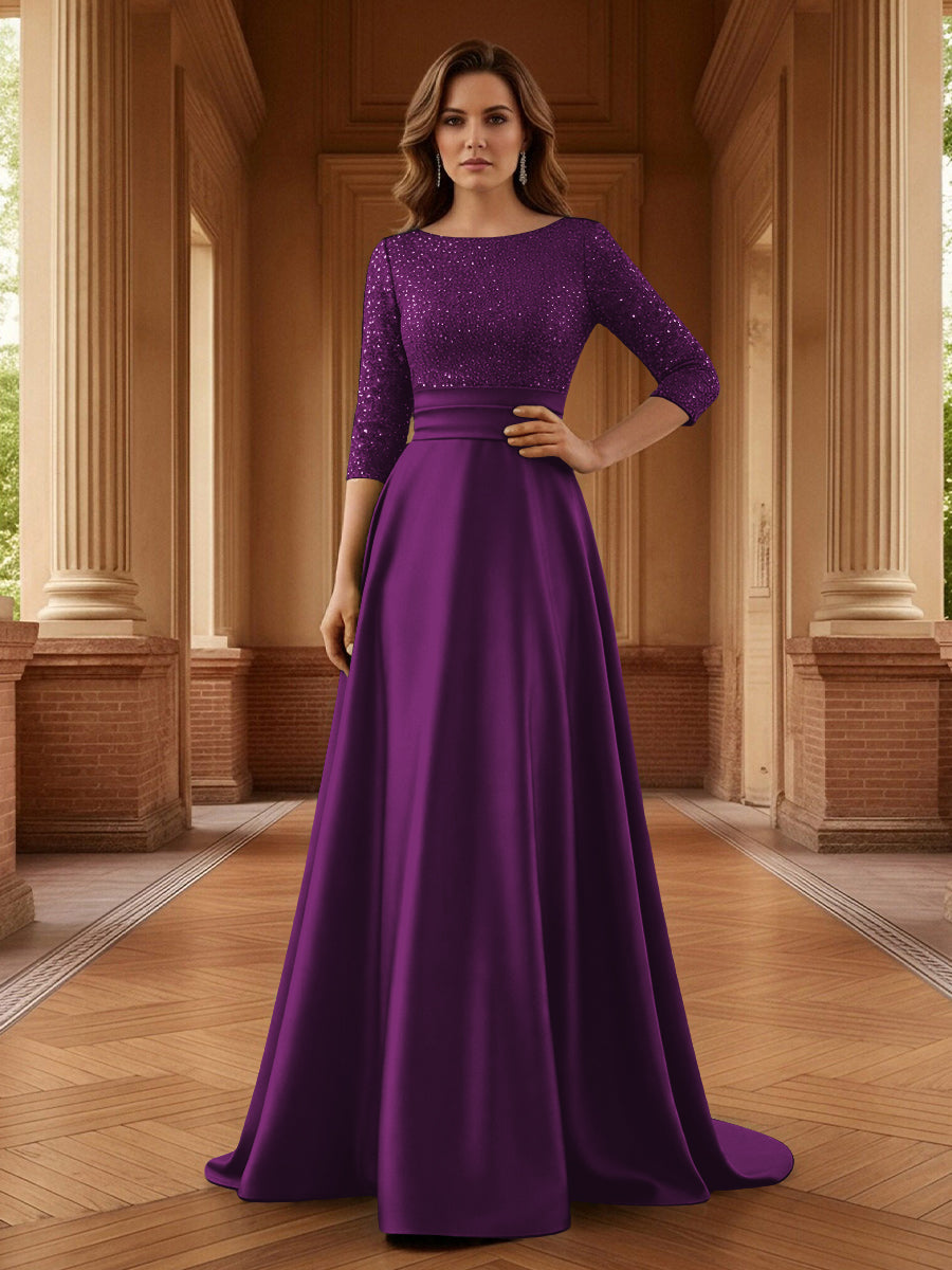 A Line Scoop 3/4 Sleeve Long Mixed Mother of the Bride Dresses with Sequins