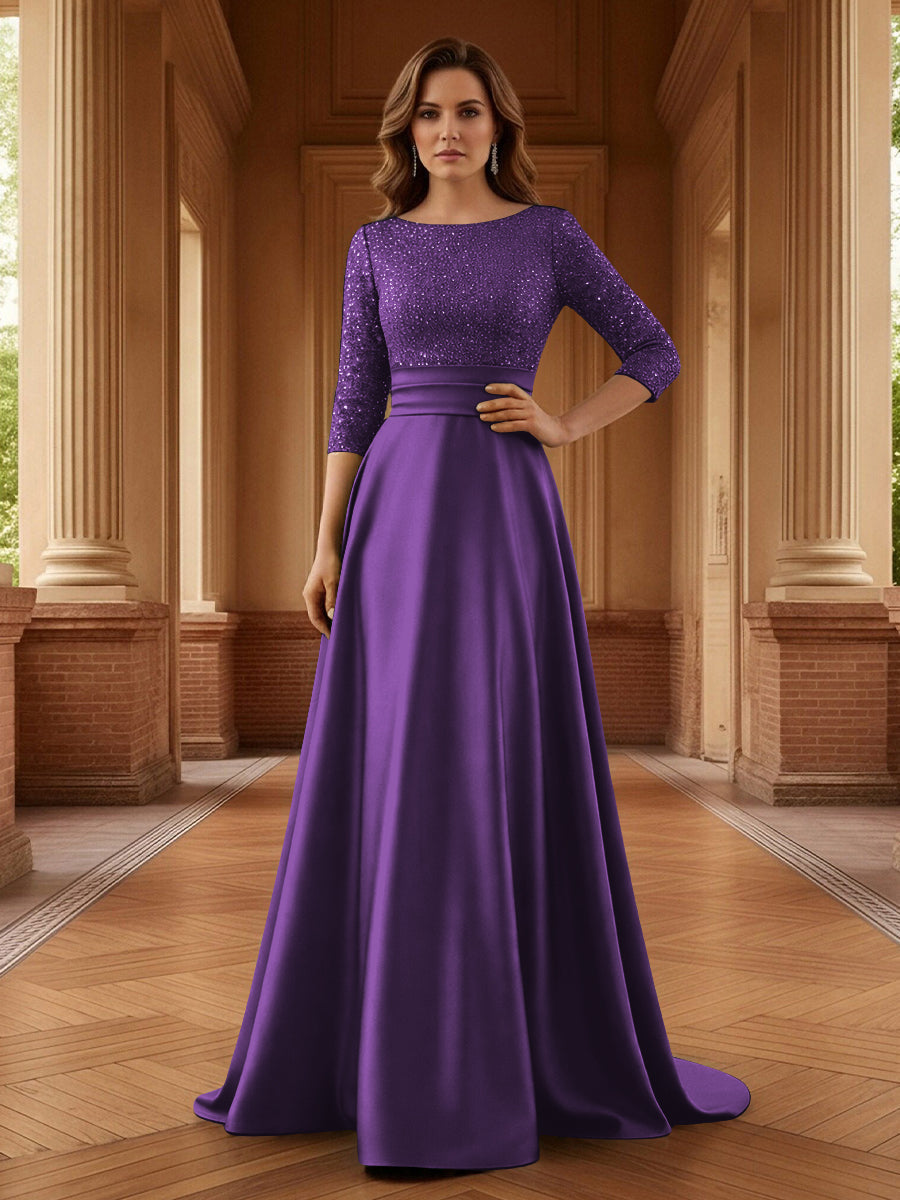 A Line Scoop 3/4 Sleeve Long Mixed Mother of the Bride Dresses with Sequins