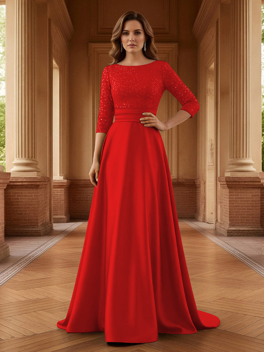 A Line Scoop 3/4 Sleeve Long Mixed Mother of the Bride Dresses with Sequins