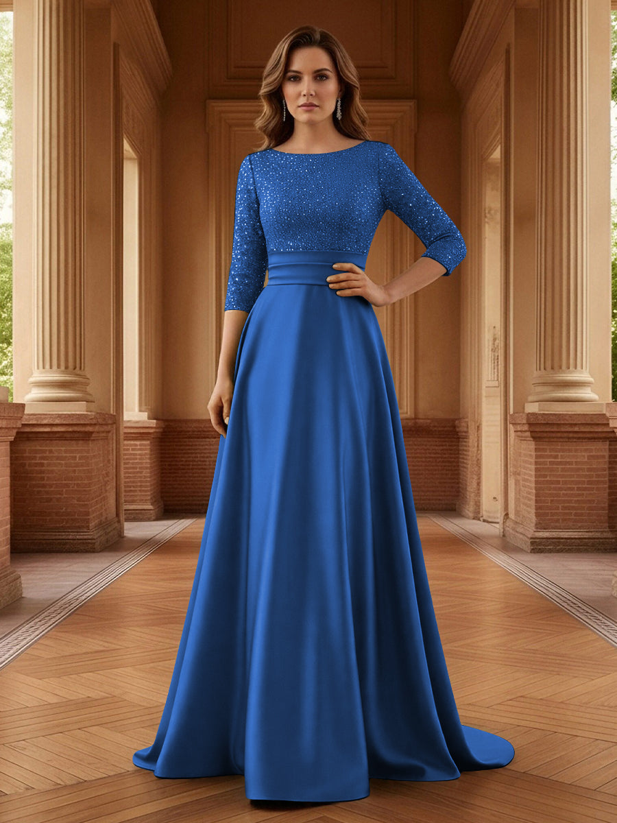 A Line Scoop 3/4 Sleeve Long Mixed Mother of the Bride Dresses with Sequins