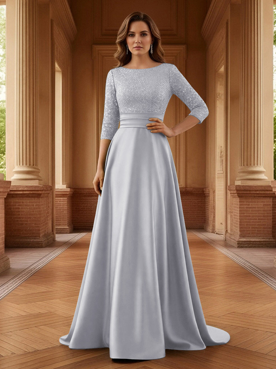 A Line Scoop 3/4 Sleeve Long Mixed Mother of the Bride Dresses with Sequins