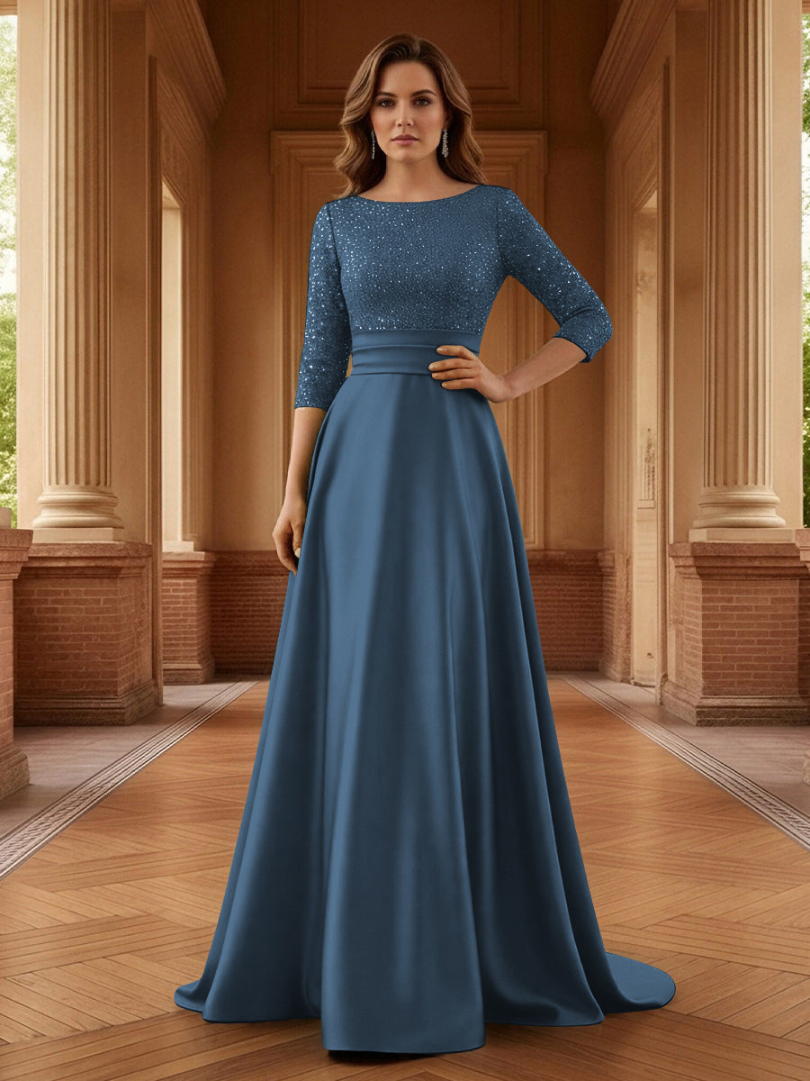A Line Scoop 3/4 Sleeve Long Mixed Mother of the Bride Dresses with Sequins