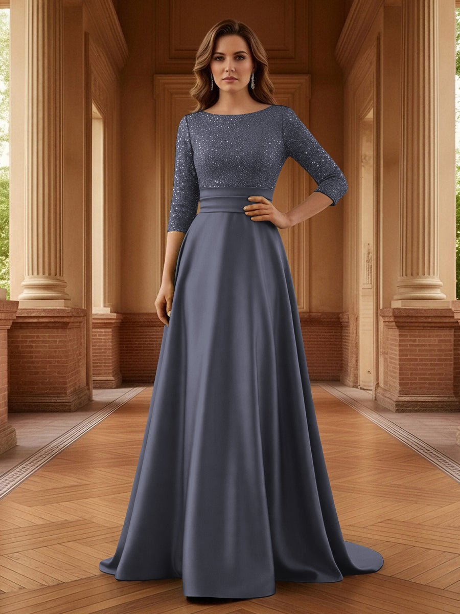 A Line Scoop 3/4 Sleeve Long Mixed Mother of the Bride Dresses with Sequins