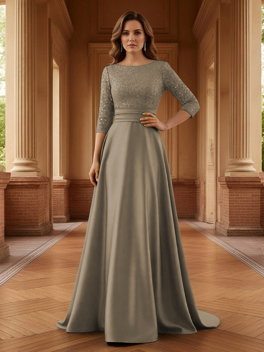 A Line Scoop 3/4 Sleeve Long Mixed Mother of the Bride Dresses with Sequins
