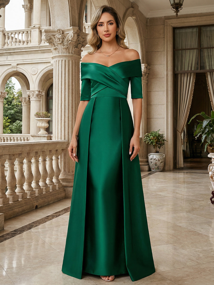 A-Line Off Shoulder Short Sleeve Long Ruched Mother of the Bride Dresses